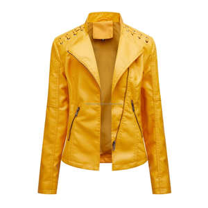 Chaquetas de mujer de cuero de punto acolchado ajustadas estilo motorista con cremallera amarilla con detalles de encaje bolsillos con cremallera prendas de vestir exteriores de otoño elegantes - Product Image 1