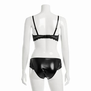 Conjunto de sujetador con aros y bikini de cuero negro para mujer con ribete de encaje, lencería push-up de copa completa, dos piezas - Product Image 5