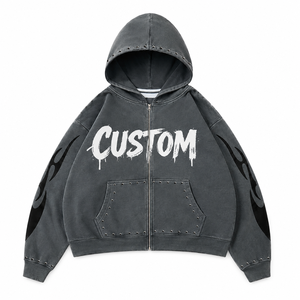 Sweat à capuche zippé oversize RMG personnalisé, délavé à l'acide, style vintage, streetwear urbain, en coton épais avec motif graphique - Product Image 1