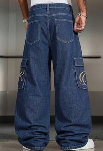 Jean large taille haute pour homme Hardihood International, coupe ample en denim avec poche brodée et motif cachemire - Product Image 2