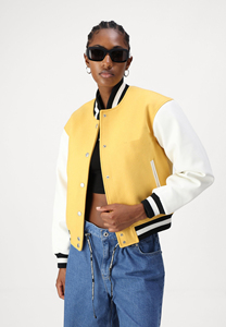 Latest Logo Mellow <b>Yellow</b>/White Women's Knitted eco friendly Varsity Baseball Jacket Crop <b>Wool</b> Letterman - Product Image 6