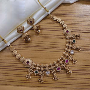 ชุดสร้อยคอชุบทองโบราณที่มีไข่มุกแวววาวและหิน pota เหมาะสำหรับงานแต่งงานและงานปาร์ตี้ - Product Image 1