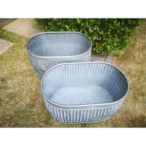 Rustic Galvanized Metal Oval Planter Set, Corrugated Steel Nesting Tubs for Indoor Outdoor Home Garden Decor Flower Planters - Product Image 5