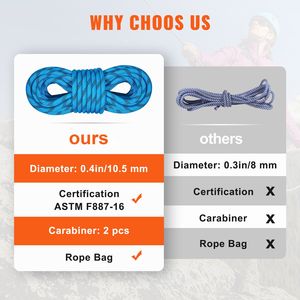 Corda Statica da Arrampicata per Esterni 25KN di Tensione di Rottura 9.7M (32ft) 10.5mm in Fibra con Moschettoni in Acciaio - Accessori per Attrezzatura da Arrampicata - Product Image 4