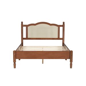 Cama de plataforma de madera tamaño matrimonial estilo vintage en nogal con cabecero de ratán natural y soporte de listones de madera. Entrega prevista. - Product Image 4