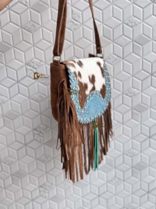 Sac à main à franges en cuir de vachette style occidental avec bordure colorée turquoise Sac à bandoulière Sac à franges bohème Sac à main pour femme - Product Image 2