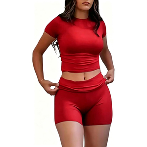 Women's <b>Red</b> Sporty 2-Piece Set Short Sleeve <b>Crop</b> <b>Top</b> High Waisted Shorts Solid Knitted Breathable Spring Summer - Product Image 1