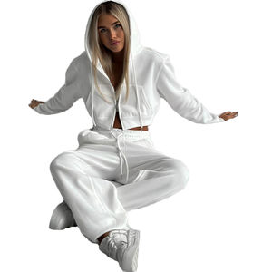 ชุดลำลองผู้หญิงสไตล์โยคะสำหรับฤดูใบไม้ร่วง สีพื้น เสื้อคลุมมีฮู้ดเอวสั้น กางเกงขายาวผูกเชือก ผ้าโพลีเอสเตอร์ระบายอากาศได้ดี - Product Image 1