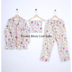Ensemble de pyjama en coton 100% à motif floral, design simple, imprimé à la main, vêtements de nuit pour femmes, ensemble léger pour l'été, pour dormir - Product Image 6