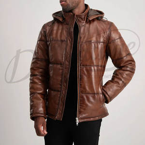 Chaqueta de Cuero Marrón Vintage para Hombre, Chaqueta Acolchada con Capucha Desmontable, Abrigo de Invierno Acolchado, Ropa Exterior de Estilo Antiguo - Product Image 1