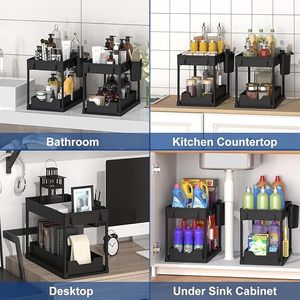 Organisateur sous évier à 2 niveaux, étagère coulissante en métal avec crochets pour rangement sous armoire - Product Image 5