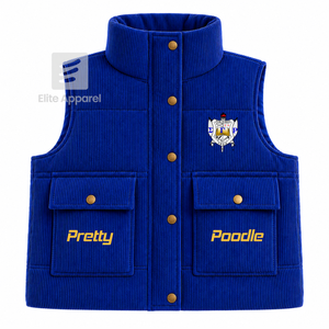 เสื้อกั๊กพัฟเฟอร์ชมรมซิกมาแกมมาโรแบบสั่งทำพิเศษ ปักโลโก้ด้านหน้า สีน้ำเงินและสีทอง เสื้อแจ็คเก็ตแขนกุดสำหรับผู้หญิง - Product Image 1