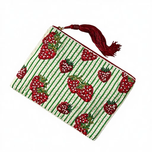 <b>Cute</b> Strawberry Beaded Tyvek Coin <b>Purse</b> Handmade Fruit Design Open Pouch Women Aesthetic Mini Wallet Makeup Pouch Wrist Large - Product Image 1