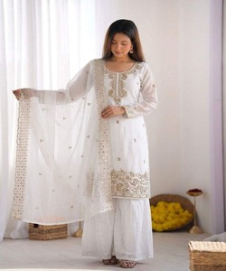 FANCY GMY SILK EMBROIDERY BEADS WORK TOP PALAZZO WITH DUPATTA WHOLESALE PRICE ETHNIC GARMENT 85063 WHITE - Product Image 2