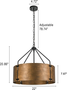 Lustre Tambour Moderne Style Ferme Rustique en Bois et Métal, Suspension Industrielle, Plafonnier Vintage Rond en Cage - Product Image 5