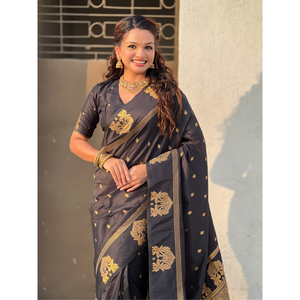 Traditional Zari Woven Saree Black Soft Silk <b>Indian</b> & <b>Pakistani</b> <b>Clothing</b> - Product Image 5