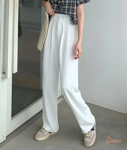 Pantalon taille haute pour femme, couleur unie, coupe droite décontractée, jambe large, printemps-automne - Product Image 4