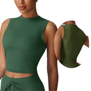Women Solid Color <b>Mock</b> <b>Neck</b> Sleeveless Crop <b>Top</b> Tank <b>Top</b> Yoga <b>Top</b> Breathable Seamless Fit Regular Style Spandex Polyester - Product Image 3