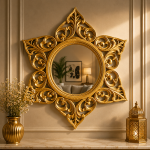 Espejo de Pared Luna Botanica con Tallado en Madera, Acabado en Madera Natural, Hecho a Mano, Espejo Decorativo con Acento de Luna Creciente - Product Image 5