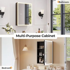 FCH LED Mirror Cabinet 71*50.8*15cm <b>Black</b> Particleboard Acrylic <b>Frame</b> 1 Door 2 Shelves Three Adjustable Brightness Color Tones - Product Image 4
