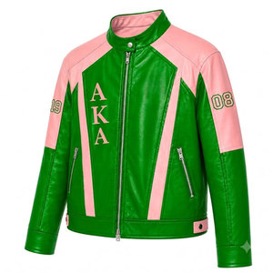 Alfa |   Kapa |   Chaqueta Universitaria de Cuero Sintético Alpha Sorority, Verde y Rosa con Estampado de Letras 1908, Cierre de Cremallera Completo, Chaqueta Casual para Mujer - Product Image 2