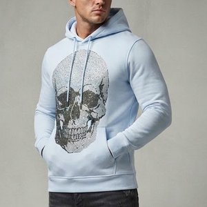 Sweat-shirt à capuche bleu clair pour homme avec logo personnalisé, imprimé crâne, coupe classique, en coton tricoté, décontracté, pour l'automne, vente en gros - Product Image 4