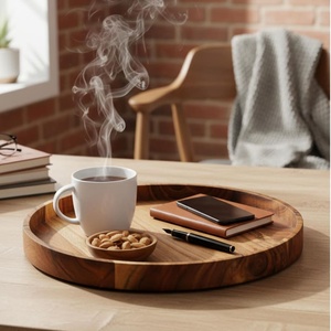 Plateau de service rond en bois unique, artisanal, en bois massif, design circulaire, finition lisse, élégant, pour servir du thé, du café et des en-cas - Product Image 2