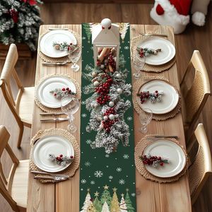 Runner da Tavolo Natalizio 13x72 Pollici Stile Rustico con Alberi di Natale e Fiocchi di Neve, Decorazione per Tavolo da Cucina e Sala da Pranzo - Product Image 1