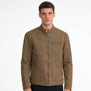 Blouson moto en cuir PU pour homme, col montant, fermeture éclair, couleur unie, coupe ajustée, longueur standard, idéal pour l'automne - Product Image 2
