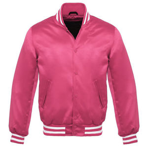 Chaqueta Bomber Clásica de Satén para Hombre, Colección Rosa, Amarillo y Rojo, con Ribete Acanalado a Rayas, Botones a Presión, Estilo Deportivo Letterman de Béisbol - Product Image 1