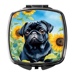 Espejo de maquillaje de viaje decorativo de girasoles Pug compacto para mujeres y niñas, espejo de bolsillo de mano plegable, regalo - Product Image 1