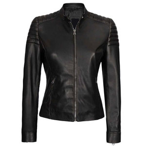 Women's Black Slim Fit Cafe Racer Leather <b>Jacket</b> - Genuine Lambskin Padded Shoulder Biker <b>Jacket</b> with Mandarin Collar - Product Image 3