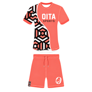 Ensemble short et maillot de rugby géométrique rouge corail, noir et blanc, à manches courtes, col rond, personnalisable, respirant, pour l'entraînement et les sports d'équipe - Product Image 1