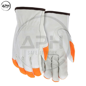 Yellow Cowhide <b>Leather</b> Driver <b>Gloves</b> <b>Green</b> Bound Hem Elastic Wrist Flexible Industrial Heavy Duty Work Driving Mechanics - Product Image 2