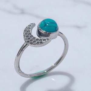 925 Sterling <b>Silver</b> Trendy Sun & Moon Design Turquoise Stone Open Adjustable <b>Ring</b> Sun Moon Stacked Wedding <b>Ring</b> For <b>Men</b> & Women - Product Image 3