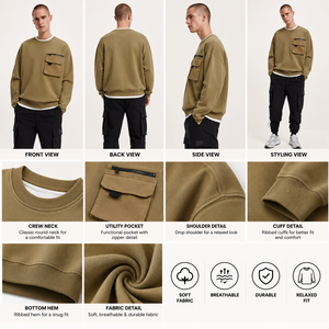 Sweat-shirt kaki pour homme avec poches utilitaires – Col rond, manches longues, style streetwear décontracté, en molleton bouclette - Product Image 3