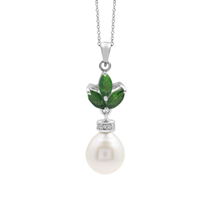 Collar con Colgante de Plata de Ley 925 al por Mayor con Diopsido Cromado Marquise Natural y Perla Ovalada Engastada en Puntas, Joyería Fina - Product Image 1