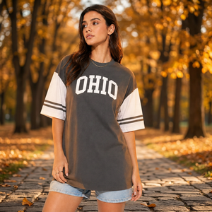 T-shirts Ringer personnalisés légers à épaules tombantes pour femmes, style universitaire oversize, color block, imprimé graphique vintage, vente en gros - Product Image 4