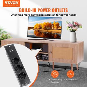 Metà del secolo moderno 65 pollici supporto TV Boho Rattan & rovere porta USB porta porta regolabile per sala multimediale soggiorno - Product Image 2