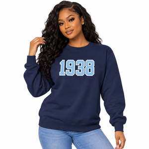 <b>Women's</b> Navy Blue Crew Neck <b>Sweatshirt</b> with Light Blue and <b>White</b> 1938 Front Graphic Long Sleeve Pullover Ribbed Cuffs Casual - Product Image 1