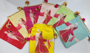Handcrafted Indian Wedding Favor Potli Bag Packs of Multi Color Satin <b>Drawstring</b> <b>Pouches</b> Gota Patti Lace Borders Trays <b>Pouches</b> - Product Image 4