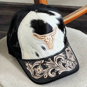 Casquette de baseball unisexe à visière incurvée en cuir de vachette repoussé avec patch motif taureau, maille et fermeture snapback, style trucker, directement de l'usine - Product Image 5
