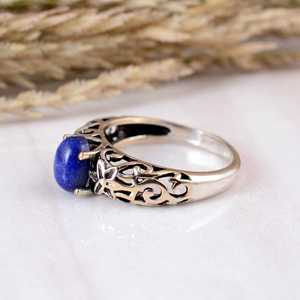 Handmade 925 Sterling <b>Silver</b> Blue Lapis Lazuli Bezel Setting Vintage Boho Leaf Filigree Wedding Party <b>Statement</b> <b>Ring</b> - Product Image 3