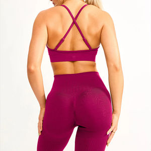 Ensemble de soutien-gorge de sport côtelé et leggings taille haute pour femme, couleur unie, respirant, pour entraînement et yoga - Product Image 2