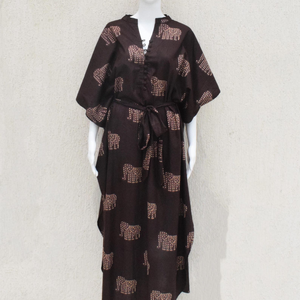 Animal Print Boho Kaftan Dress Brown Cotton Blend Tunic Batwing Lounge Cover Up customize Kaftan For women - Product Image 4