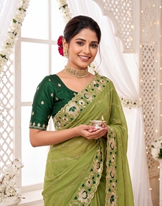 AARA Fashion Saree en soie vert brodé avec chemisier, protection solaire, tenue de mariage, sari indien traditionnel pour femme, longueur au sol - Product Image 6