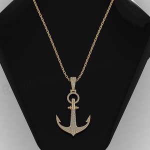 Collier pendentif ancre nautique hip-hop en or jaune 18 carats et argent 925, serti de diamants CZ, bijoux fins pour hommes, très demandé - Product Image 2