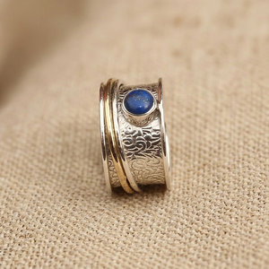 925 Sterling <b>Silver</b> Brass Spinner <b>Ring</b> Natural Lapis Lazuli Gemstone Floral Scroll Band Meditation Anxiety Handmade <b>Ring</b> <b>men</b> Her - Product Image 4