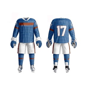 Ensemble uniforme de hockey sur glace pour hommes, rayures horizontales bleues, brunes et blanches, sublimation, maillot, short, gants, nom et numéro personnalisés, OEM - Product Image 1