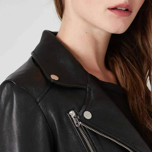 Blouson moto en cuir véritable pour femme, noir, manches longues, fermeture éclair, col montant, style automne, avec rivets - Product Image 4